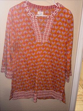 Sigred Olsen Orange and Pink Printed Tunic with Embroidered V-Neck